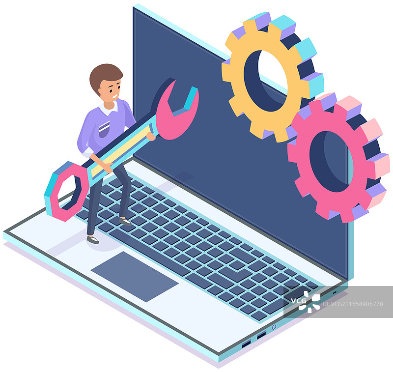 网页设计的操作系统维护。调整应用程序、设置选项、修复和修理。一个拿着扳手的男人在笔记本电脑上处理设置程序。设置、计算机定制开发。一个拿着扳手的男人在笔记本电脑上处理设置程序。操作系统维护概念。图片素材