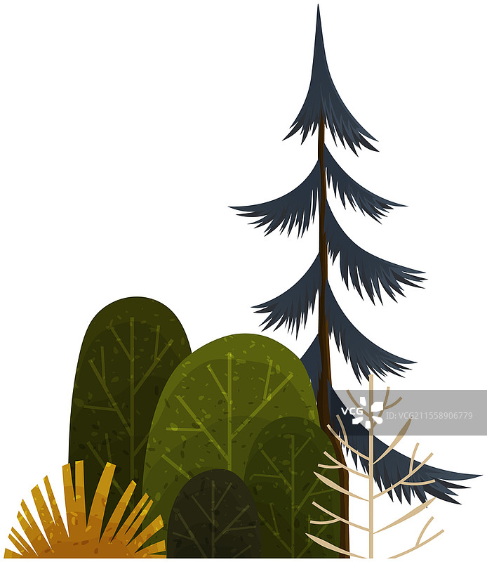 绿色简单图形艺术的树和灌木，细长的棕色树干和树枝，白色背景上的森林植物。大松树的矢量插图，树冠呈圆形，是卡通概念中的景观元素。图片素材