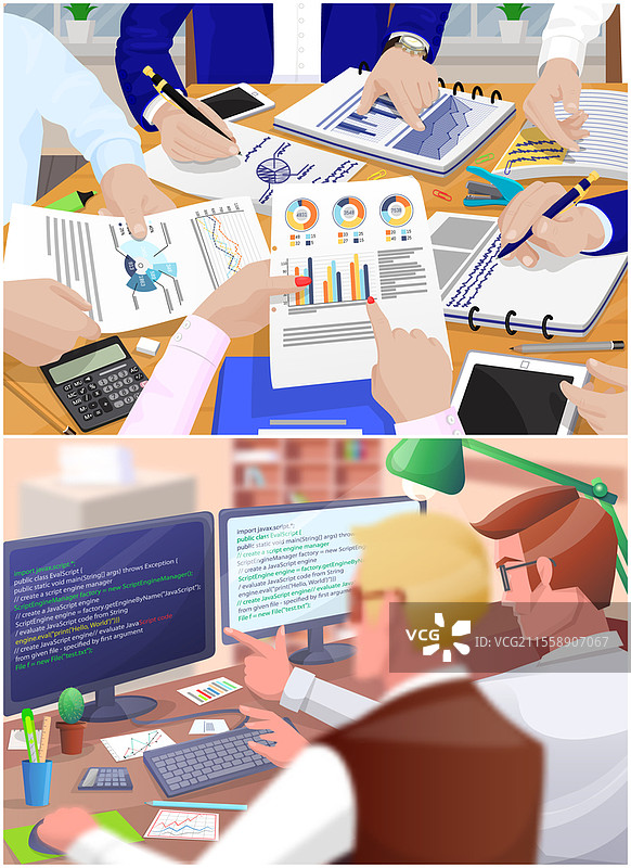 商业会议场景，团队讨论头脑风暴，程序员编写程序代码。团队成员围坐在桌子旁，手中拿着文件和统计数据，首席艺术总监检查报告。图片素材