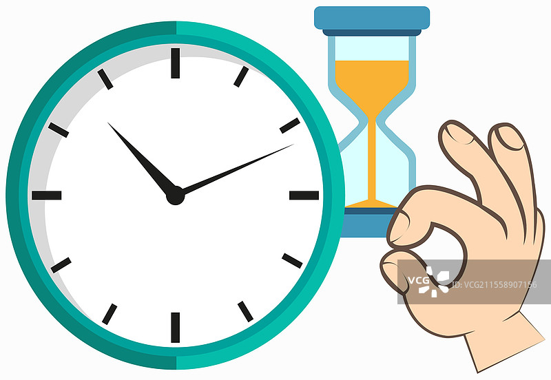 时间管理概念：规划、组织、工作时间。矢量插图中包含时钟和沙漏，人手做出“好”的手势。截止日期商业日程优化，沙漏和手表。时间管理概念：规划、组织、工作时间。时钟和指向的手。图片素材