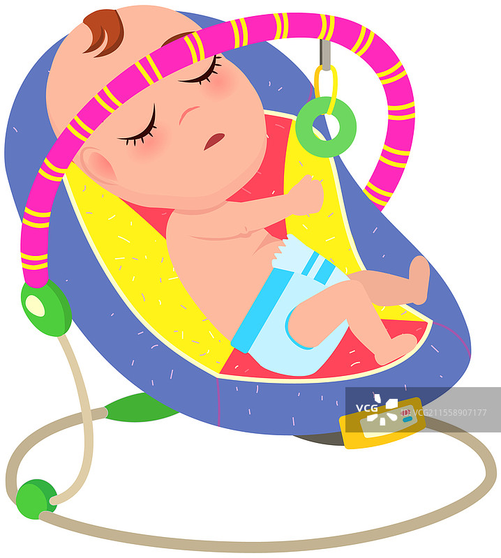 婴儿在自动摇椅中睡觉，儿童小玩意儿摇床。婴儿放松的躺椅。摇椅帮助孩子入睡和安静下来。带玩具的躺椅，儿童室内元素。婴儿在自动摇椅中睡觉，儿童小玩意儿摇床。儿童放松的躺椅。图片素材