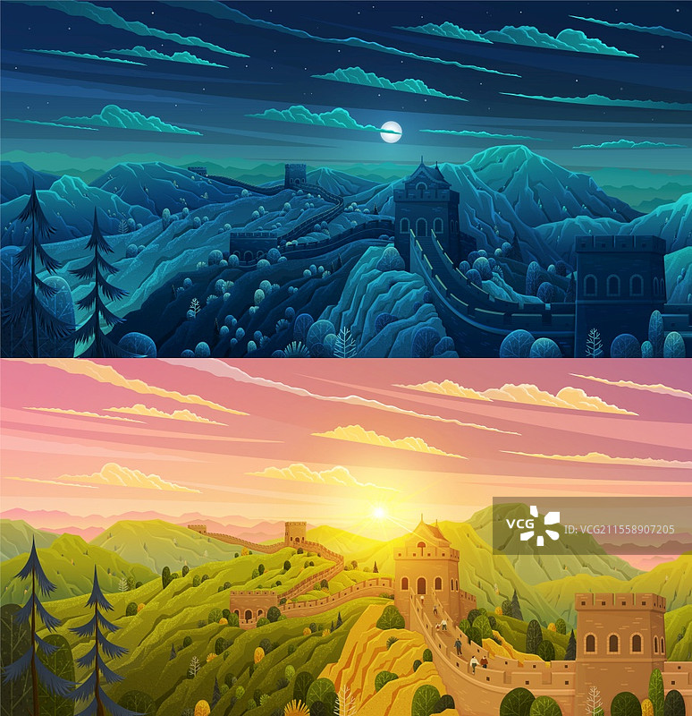 世界著名地标 - 长城的日夜景观，宏伟的巨大结构。中国著名地标，带有瞭望塔和墙段，坐落在绿色山脉中，适合旅行和旅游。图片素材