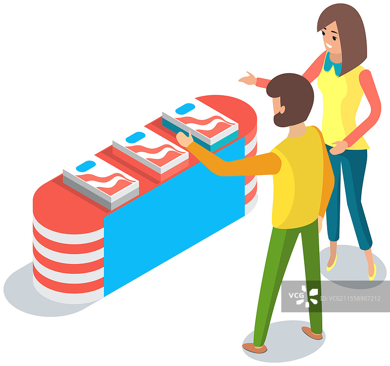 人们在展示台附近。发放传单，广告活动。推广者在展会上向顾客宣传某个产品。女性向男性提供广告、公告和产品信息。图片素材