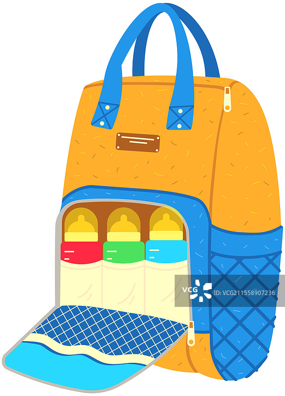 带有婴儿奶瓶的背包，方便妈妈在散步时携带奶瓶。适合在散步时给孩子喂食的彩色背包。奶粉装在带奶嘴的容器中，方便妈妈转移奶瓶。图片素材