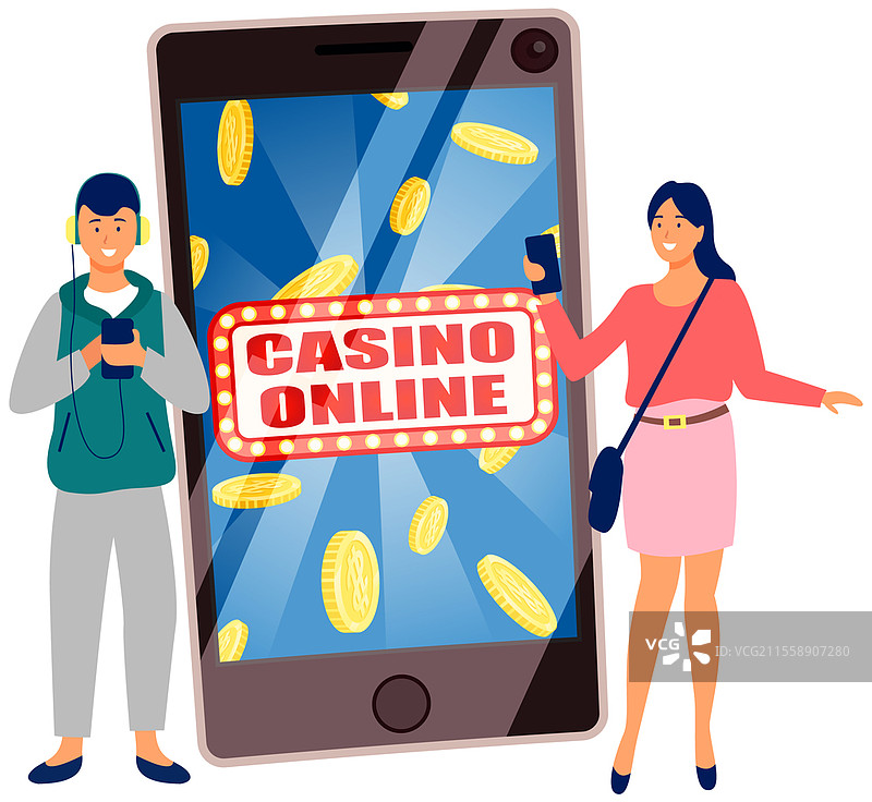 使用互联网、在线游戏和现代设备的概念。男孩使用手机和耳机听音乐，手机屏幕上显示在线赌场。女孩在上网并通过手机交流。使用互联网、在线游戏和现代设备的概念。手机上有在线赌场应用。图片素材