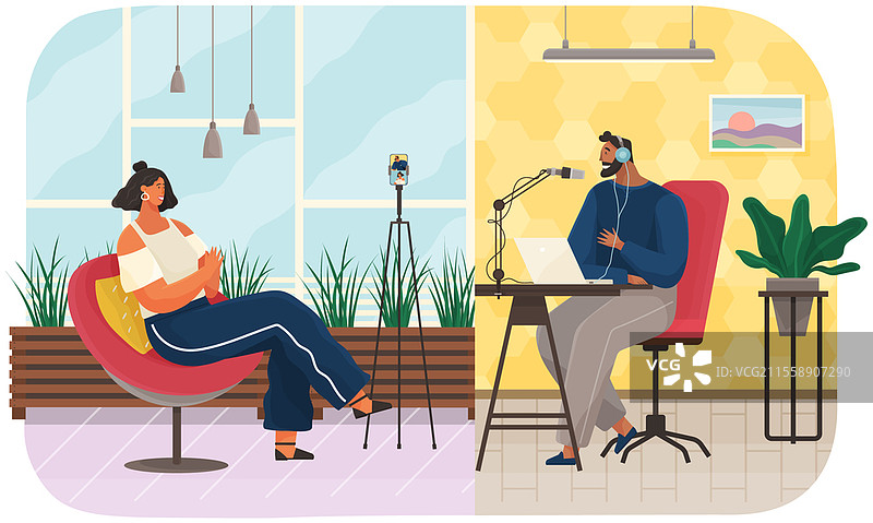 角色在接受记者采访。现场直播，广播电台嘉宾的新闻发布会。人们在播客中交流。采访中的实时沟通。录制音频播客。人们在播客中交流。采访中的实时沟通。录制音频播客。图片素材