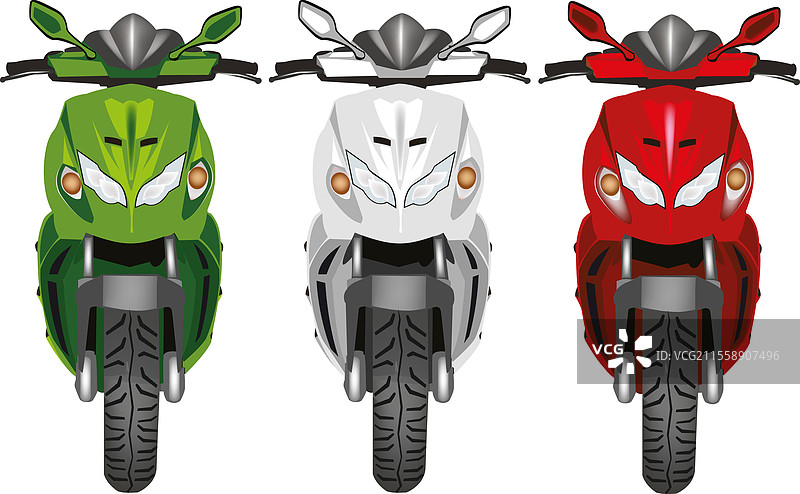 三辆现代滑板车停放，车头灯亮着。图片素材