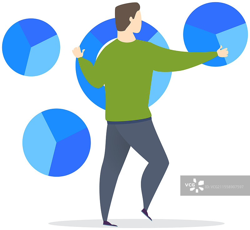 男性注视着孤立在白色背景上的彩色圆形图表模板。数据分析，商业统计信息概念。处理统计报告的工作。男性角色分析数据和统计信息。男性观察彩色圆形图表，分析图表。数据分析，商业统计概念。图片素材