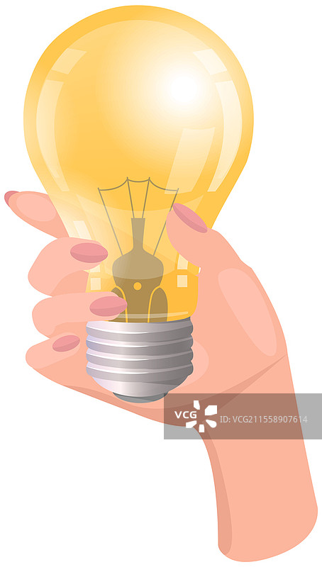 人手中的电灯泡，照明元件，人工光源。电器，白炽灯，黄色灯泡，背景为白色。图片素材
