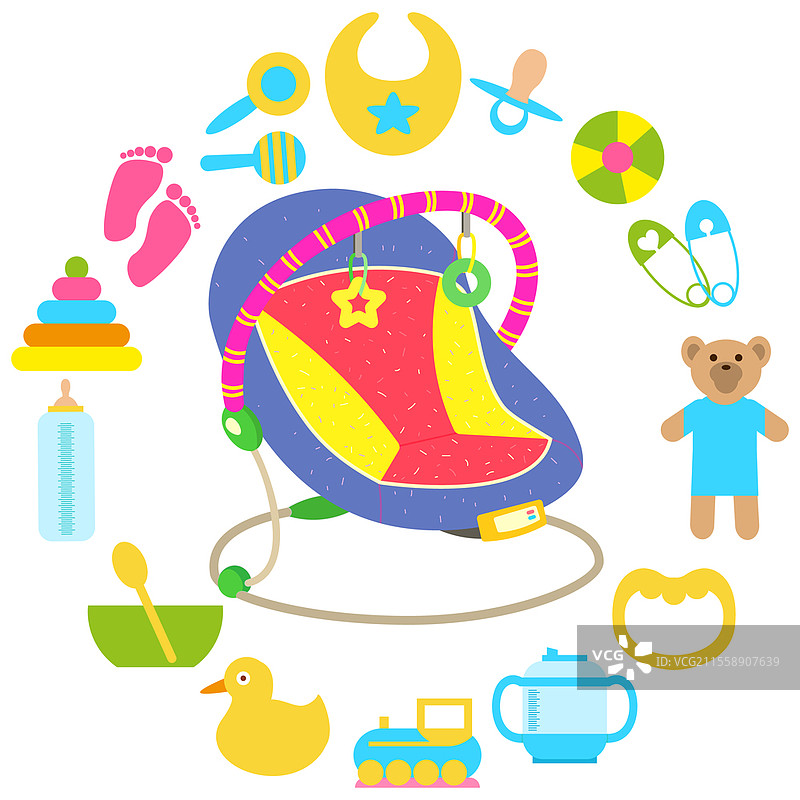 自动婴儿摇椅，儿童小玩意儿秋千床。婴儿放松的躺椅，周围是儿童护理用品和新生儿物品。秋千椅旁边有玩具和儿童玩耍的物品。婴儿放松的躺椅，周围是儿童护理用品和新生儿物品。图片素材