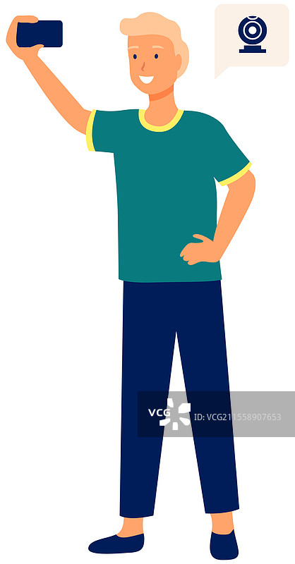年轻男子站着用手机相机拍摄自拍，采用扁平风格。男孩正在通过智能手机进行视频会议，拍摄自己的照片。图片素材