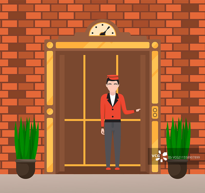 现代电梯采用复古风格。机械电梯的舱门与升降机制。门卫站在复古电梯内。带有门和楼层计数器的电梯矢量插图。门卫站在机械复古电梯的舱内。带有门和楼层计数器的电梯。图片素材