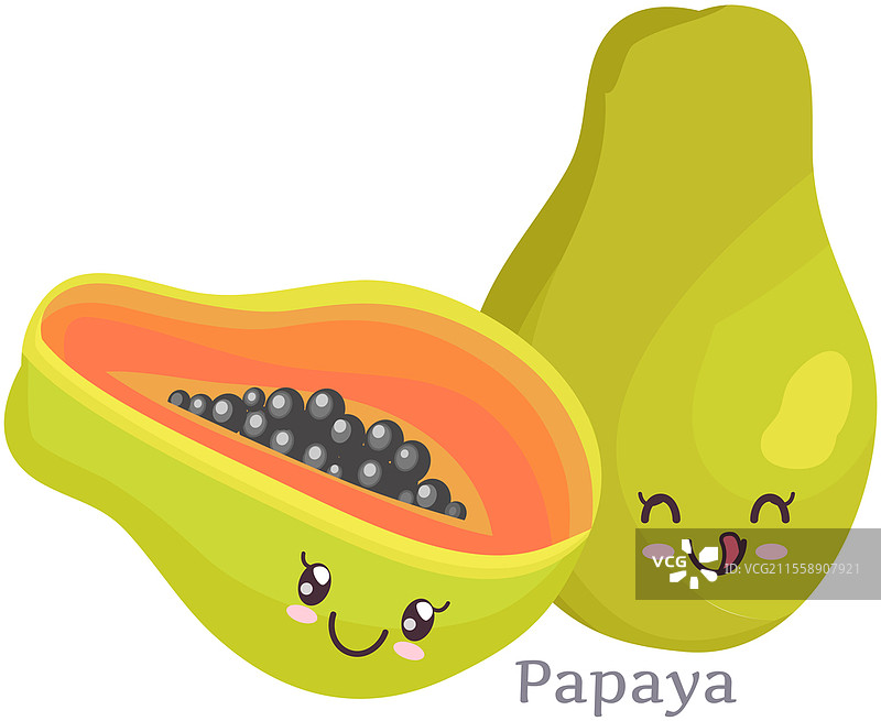 可爱的木瓜贴纸卡通图标设计。迷人可爱的热带水果，传递积极情感，象征着愉快的事件或非常愉快的情境，是日本文化的象征，体现了纯真和童趣。可爱的木瓜贴纸卡通角色图标设计。可爱、迷人、充满欢快表情的面孔。图片素材