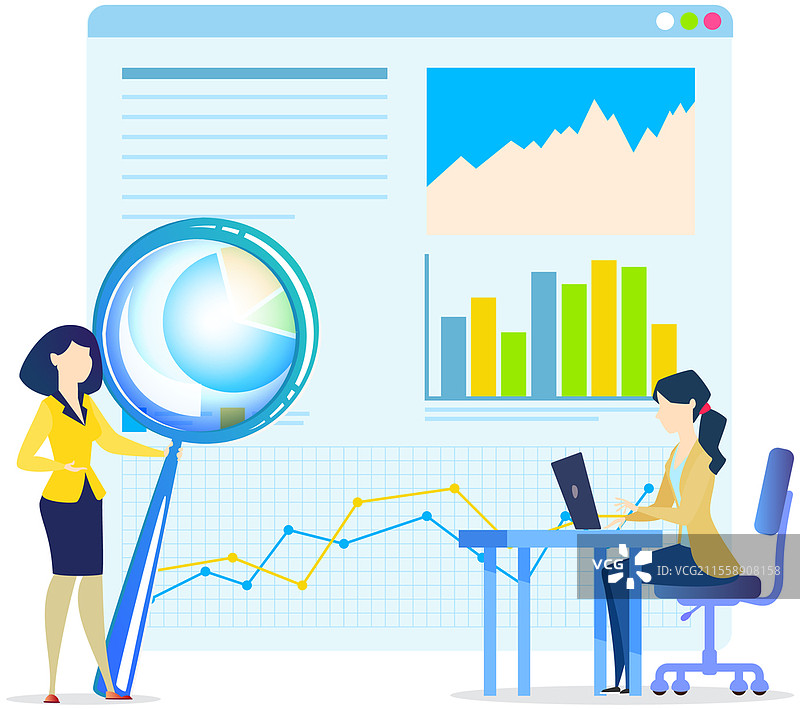 女商人使用放大镜放大文件。寻找数据和分析的想法。女士手持巨大的放大镜。寻找解决方案、商业策略、新项目概念的想法。女商人使用放大镜放大文件。女士站在巨大的放大镜旁。图片素材