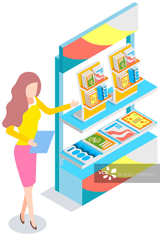 女性在展示产品目录的展台附近进行推广。发放宣传单、广告、营销活动，推广公司的工作，推广概念。女推广员正在分享书籍和杂志。女性在展示产品目录、书籍的展台附近进行推广、广告和发放宣传单。图片素材