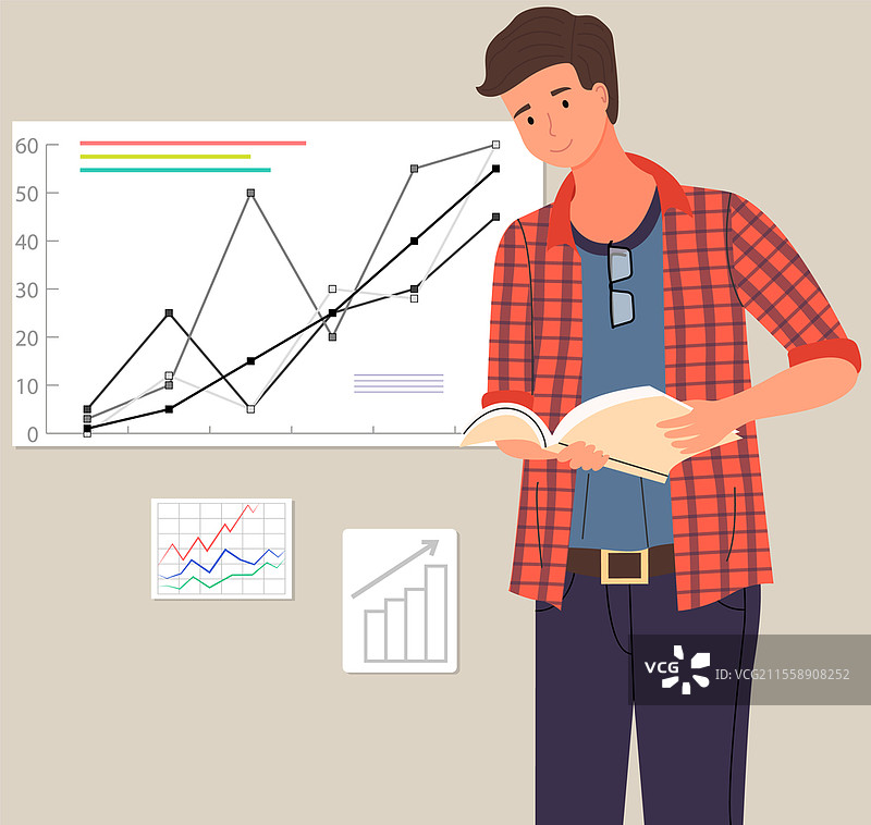 商人在屏幕前站着，屏幕上显示着图表和统计数据。办公室工作人员为公司财务发展提出创意。该男子正在分析统计数据，横幅上有图表。商人在屏幕前站着，该男子正在分析统计数据图表。图片素材