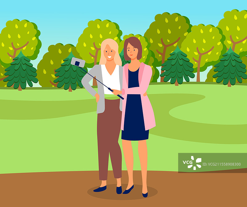 两个女孩朋友用手机自拍，年轻女性开心地对着镜头微笑，孤立的矢量插图。时尚自拍，摆姿势拍照，现代摄影设备。图片素材