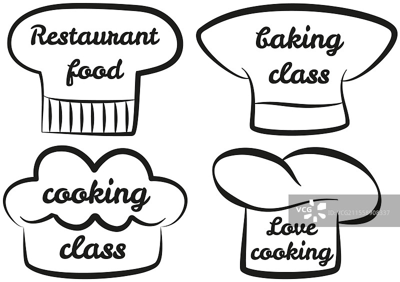 现代概念的厨师logo设计套件。关于厨房、食物和烹饪的手写文字。简单风格的手绘字母，厨师帽的墨水或钢笔轮廓。烘焙、烹饪、烹饪概念。现代概念的厨师logo设计套件。关于厨房、食物和烹饪的手写文字。图片素材