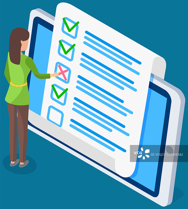 平板电脑屏幕上的在线调查表。女性在检查带有答案的空白选项。女性角色查看测验考试纸文件。女商人在检查问卷表格的正确性，测试。平板电脑屏幕上的在线调查表。女性在检查问卷表格的正确性，测试。图片素材