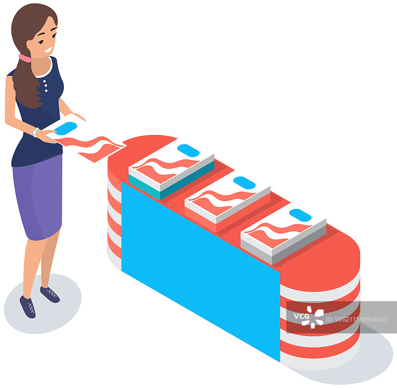 女孩在展示台附近分发书籍。市场营销，广告活动，广告公司的工作，推广概念。女性推广员正在分享带有广告的产品目录，展示台附近有书籍。图片素材