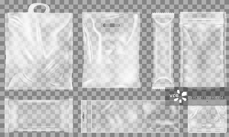 透明塑料袋套装，带手柄的矢量插图。光泽聚乙烯模型。塑料包装在透明背景上独立展示。用于存储和携带物品的聚乙烯包装。带手柄的透明塑料袋。用于存储和携带物品的聚乙烯包装。图片素材