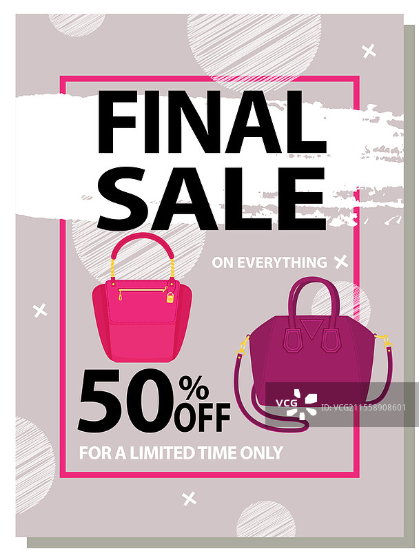 女性包包的最终促销海报。折扣、特价优惠促销、购物广告。手绘风格的矢量设计插图，立即购买概念，黑色星期五市场广告模板。带有女性包包的促销海报，立即购买。折扣、特价优惠促销、购物广告。图片素材