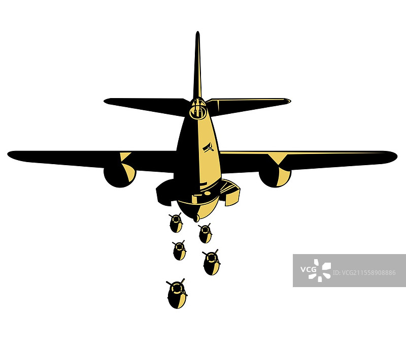 二战马丁B-26轰炸机飞行投弹的插图，背景孤立，采用复古风格。图片素材