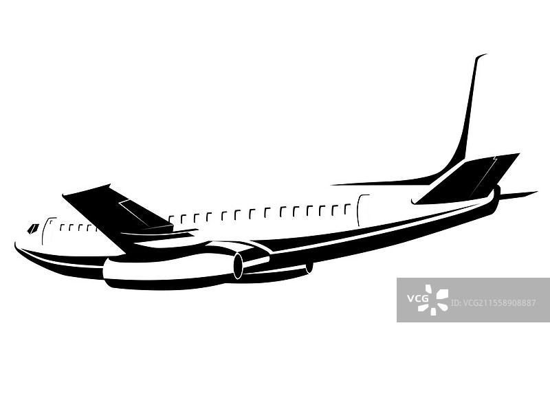 复古风格的商业喷气客机侧面飞行插图，背景独立。图片素材