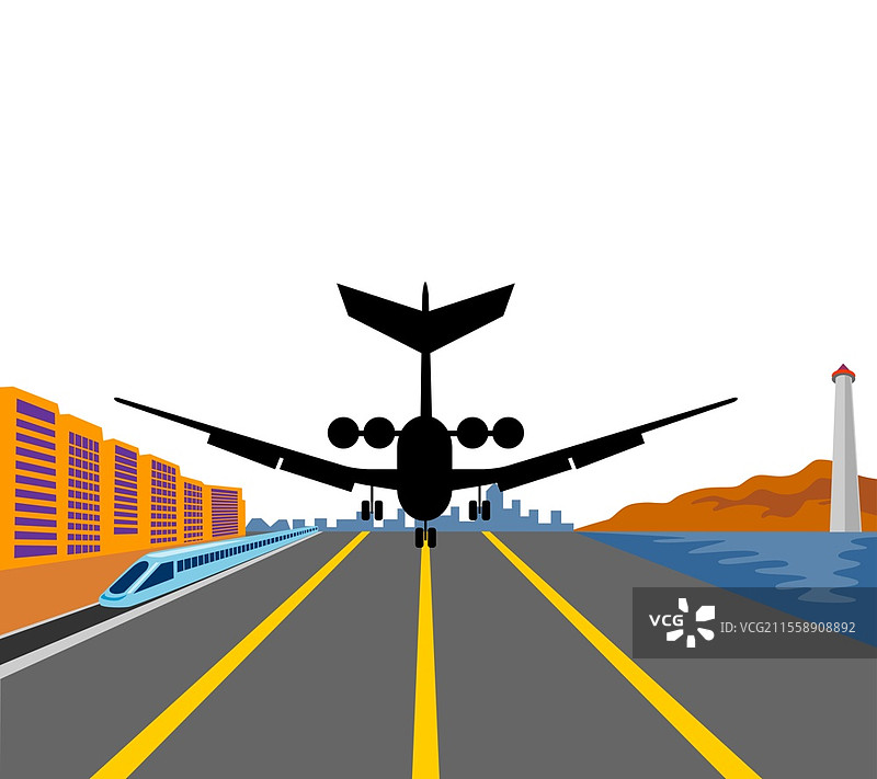 复古风格的商业喷气客机降落，轮子着地，背景为城市景观、火车和灯塔，从后方视角呈现。图片素材