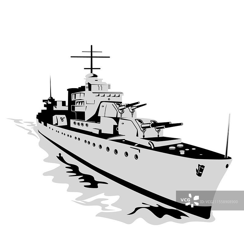 二战弗莱彻级鱼雷艇驱逐舰的插图，正面视角，背景为孤立的复古风格海洋场景。图片素材