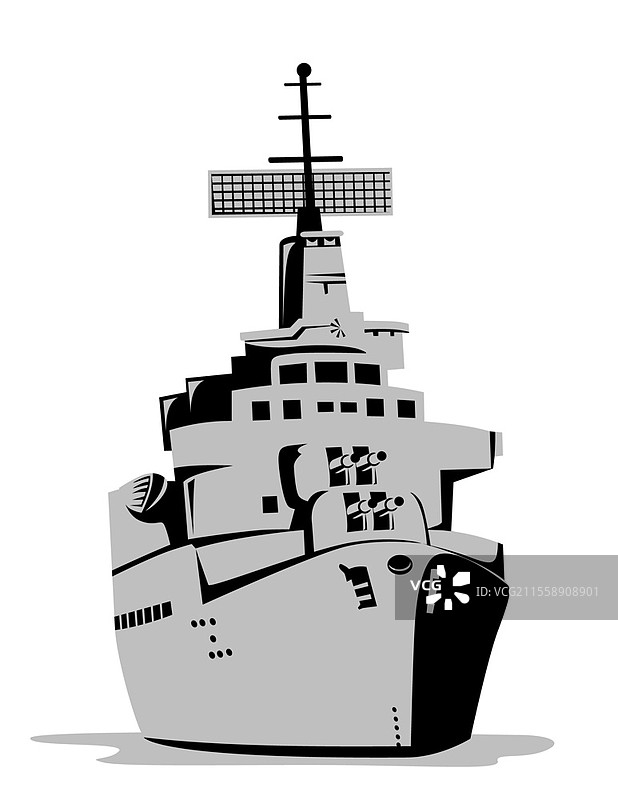 现代巡洋舰战舰在海上正面视图，孤立背景，复古风格插图。图片素材