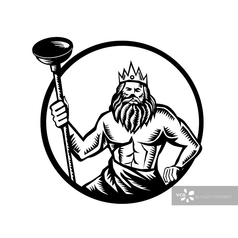 海神波塞冬手持马桶吸盘的插图，正面视角，置于圆形框内，背景为孤立的复古黑白木刻风格。图片素材