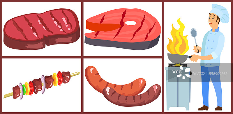 最佳厨师标志 男性在火上准备菜肴，热腾腾的外卖餐。专业厨师使用厨房设备准备食物。男性角色在烤架上煎炸烧烤菜肴。烤架食材和设备矢量图。男性厨师在火上煎炸烧烤菜肴。烤架食材和设备矢量插图。图片素材