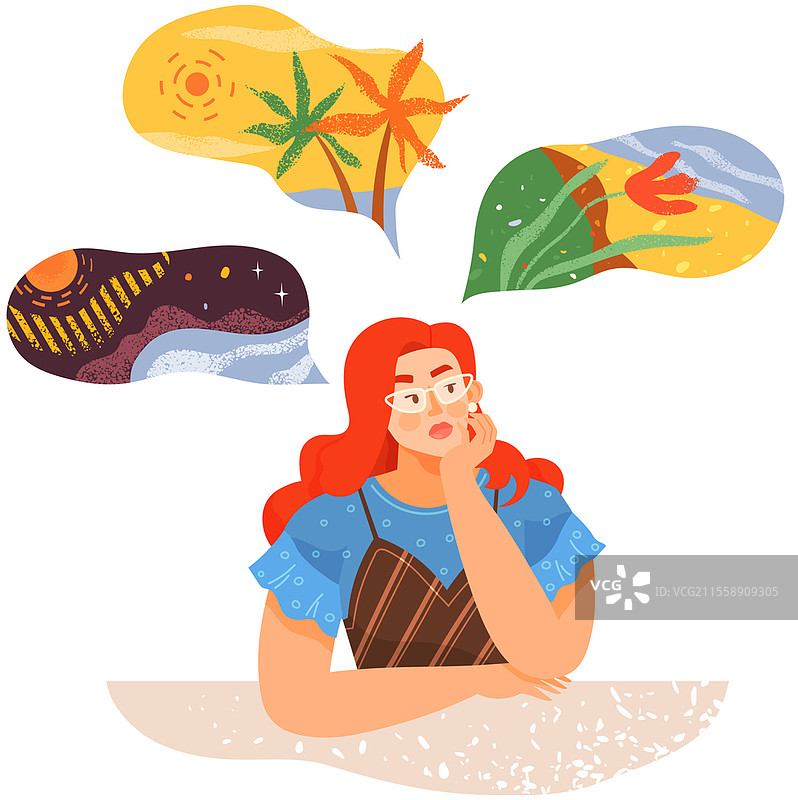 女孩思考海滨度假村、空间、抽象图形、夏季休闲、假期。创造性思维和想象力的发展概念。女性角色的创造力技能和心理状态。创造性思维和想象力的发展概念。女性的创造力技能和心理状态。图片素材