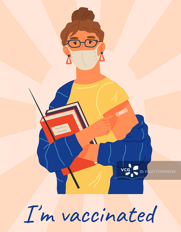 年轻女性戴着防护口罩，展示接种新冠疫苗后包扎的手臂。疫苗接种、健康、疫苗传播、医疗保健、抗击冠状病毒的号召。图片素材