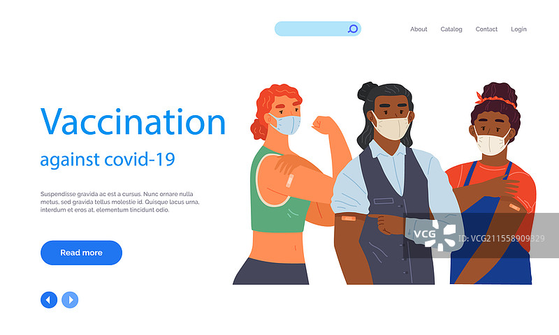 停止冠状病毒传播的概念。疫苗接种宣传，工人的免疫接种。疫苗拯救生命。人们戴着防护口罩，展示接种新冠疫苗后手臂上的绷带。图片素材