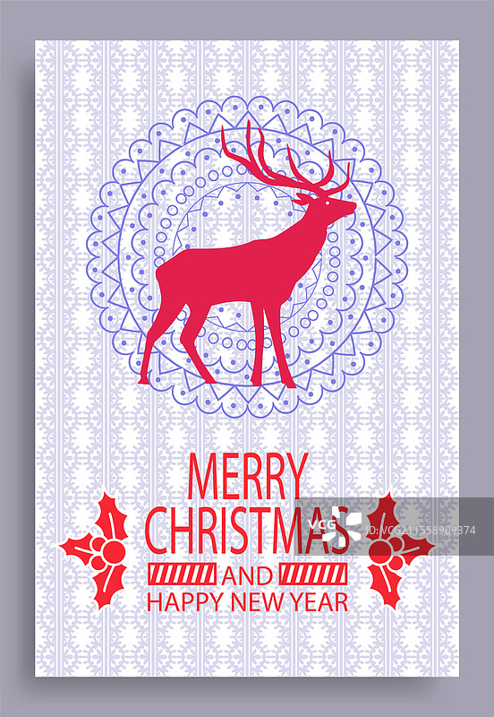 红色纸卡，上面装饰着鹿、叶子和浆果，带有线条和点。简单的祝贺明信片，包含“圣诞快乐”和“新年快乐”的矢量图。红色圣诞贺卡与鹿的矢量图。图片素材