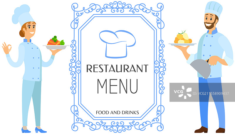 菜单模板，咖啡馆菜品卡片。厨师提供的菜肴食谱。餐厅卡片横幅矢量插图。男女手持餐厅菜品的盘子。从餐厅菜单中上菜。菜单模板，咖啡馆菜品卡片样机。男女手持餐厅菜品的盘子。图片素材