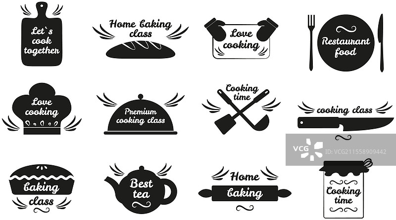关于厨房、食物和烹饪的手写字母集。最佳时光、家庭烘焙、餐厅美食、新鲜菜肴、烹饪课程，让我们一起烹饪。简单风格的手绘字母，墨水或钢笔轮廓。关于厨房、食物和烹饪的手写字母集。手绘字母，烹饪轮廓。图片素材