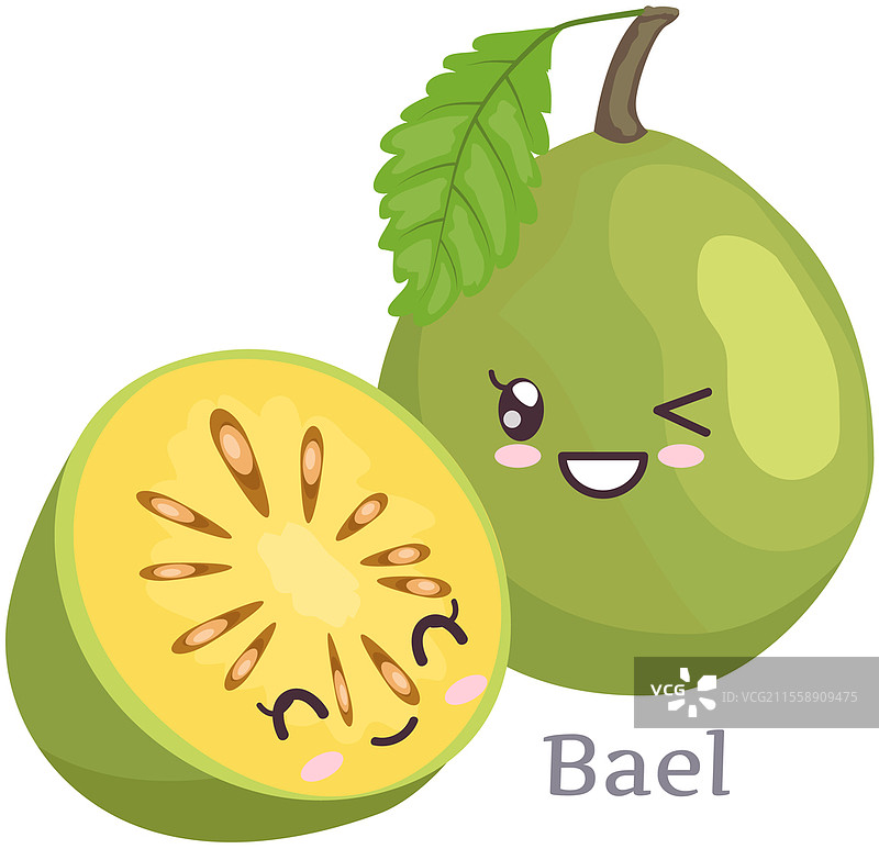 可爱的贝尔水果贴纸卡通图标设计。迷人可爱的热带水果，传递积极情感，适合活动或非常愉快的场合，是日本文化的象征，体现纯真和童趣。可爱的贝尔贴纸卡通角色图标设计。可爱、迷人、充满活力的面孔。图片素材