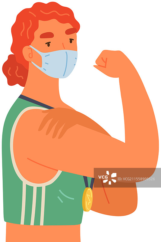 年轻女性戴着防护口罩，展示接种新冠疫苗后包扎的手臂。疫苗接种、健康、疫苗传播、医疗保健、抗击冠状病毒的概念。图片素材