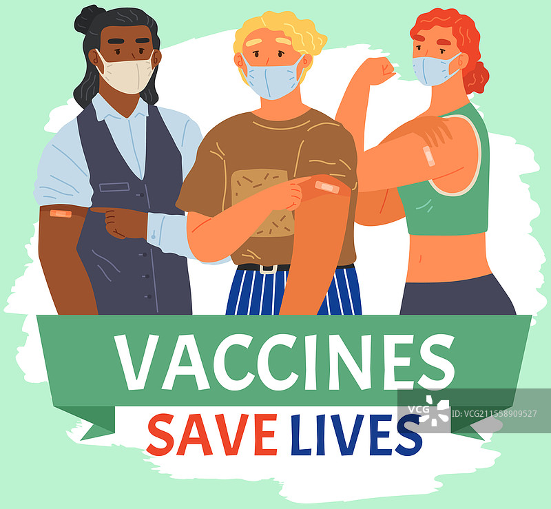 停止冠状病毒传播的概念。疫苗接种宣传，工人的免疫接种。疫苗拯救生命。人们戴着防护口罩，展示接种新冠疫苗后手臂上的绷带。图片素材