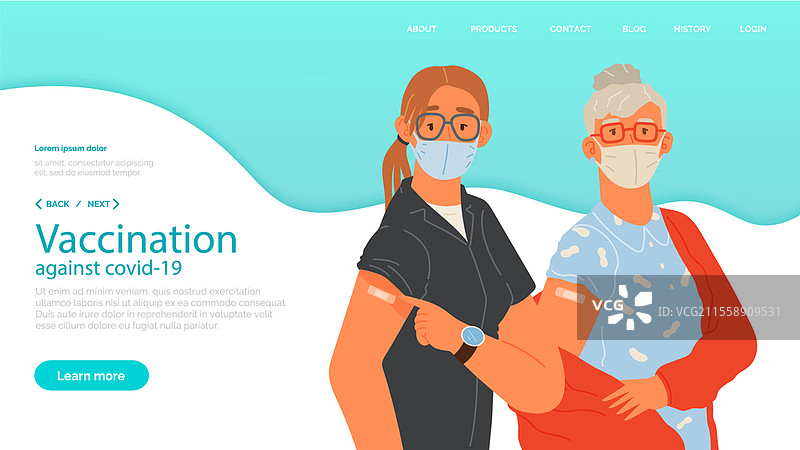 停止冠状病毒传播的概念。疫苗接种宣传，工人的免疫接种。疫苗拯救生命。人们戴着防护口罩，展示接种新冠疫苗后手臂上的绷带。图片素材