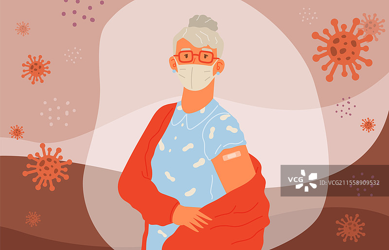 年轻女性戴着防护口罩，展示接种新冠疫苗后包扎的手臂。疫苗接种、健康、疫苗传播、医疗保健、抗击冠状病毒的呼吁的概念。图片素材