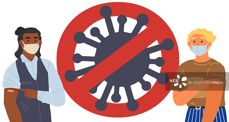 停止冠状病毒传播的概念。疫苗接种宣传，工人免疫接种。疫苗拯救生命。人们戴着防护口罩，展示接种新冠疫苗后手臂上的绷带。图片素材