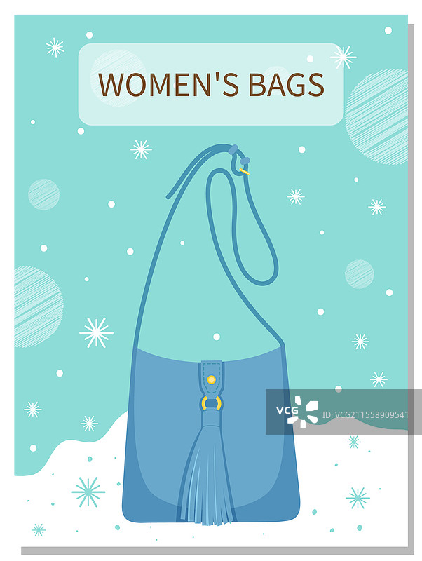 蓝色背景上的女性包包矢量图标卡通插图，时尚手提包海报。优雅的女士亮色皮包，带手柄的女性配饰。图片素材
