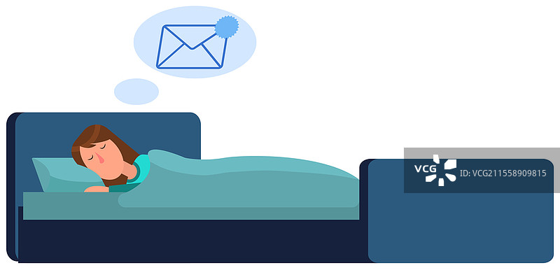 睡着的女性角色与对话框中的梦境。带有来信图标的对话气泡。女人梦见信封中的通讯简报。订阅新闻、报纸、出版物的概念。睡着的女人与对话框中的通讯简报梦境。带有来信图标的对话气泡。图片素材