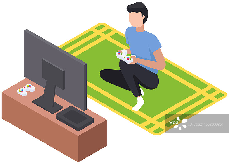 在家里坐在地毯上，手持游戏手柄的玩家正在玩电视游戏。男人与视频游戏的插图。适合成人和儿童的现代数字设备娱乐。图片素材