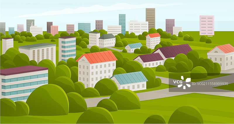 自然与建筑的风景。城市街道上有房屋和绿化。住宅区、区域内有住宅楼和绿地。城镇中不同高度的多层公寓建筑。城镇中不同高度的多层公寓建筑。自然与建筑的风景。图片素材
