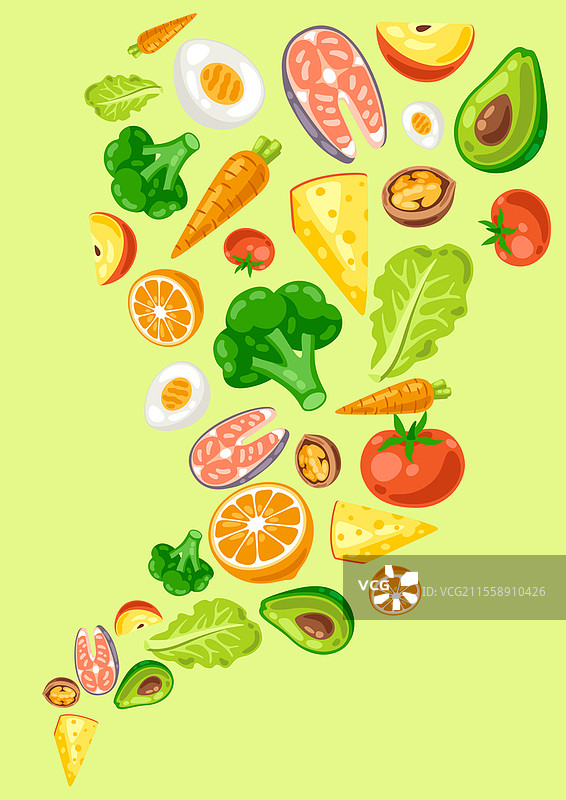 健康饮食和膳食餐的背景。水果、蔬菜和蛋白质以确保适当的营养。食品的生产和烹饪。图片素材